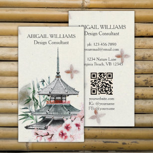 Japanese Temple, Bamboo, Cherry Blossoms Business Card