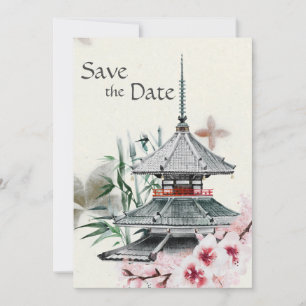 Japanese Temple, Bamboo, Cherry Blossoms Wedding Save The Date