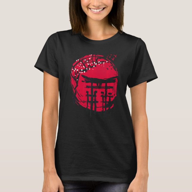 Japanese Temple Characters Red Sun Cherry Blossom T-Shirt (Front)