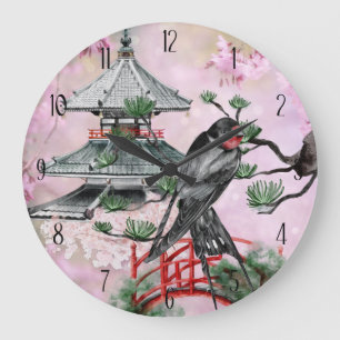 Japanese Temple, Swallow and Cherry Blossom Japan Large Clock