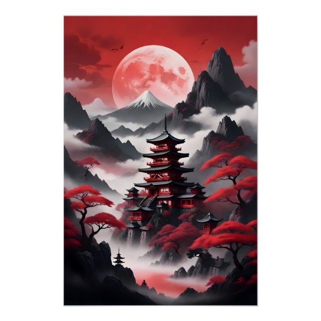 Japanese temples in the misty mountains poster (Front)