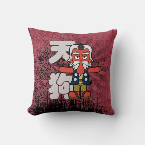 Japanese Tengu Yokai Grunge Style Throw Pillow