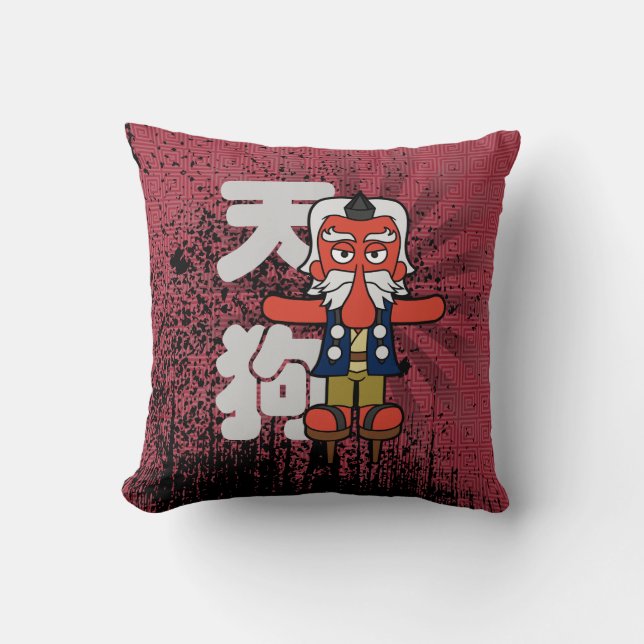 Japanese Tengu Yokai Grunge Style Throw Pillow (Front)
