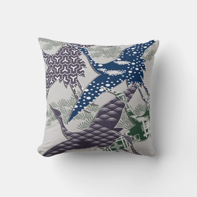 Japanese textile cranes throw pillow (Front)