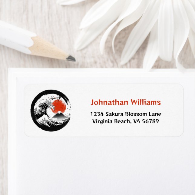 Japanese The Great Wave, Mt Fuji, Sakura Address Label (Insitu)