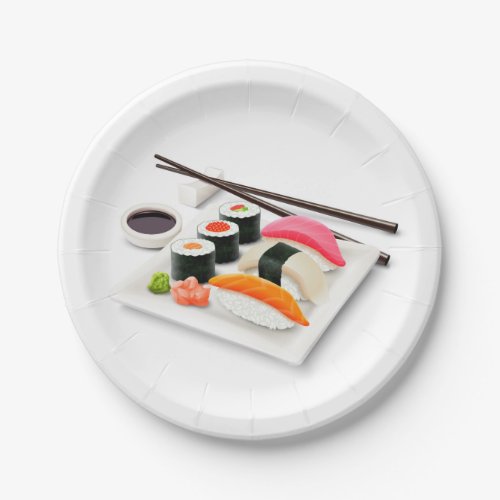 Japanese themed dinner party with sushi art paper plates