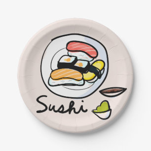 Japanese themed dinner party with sushi art paper plates
