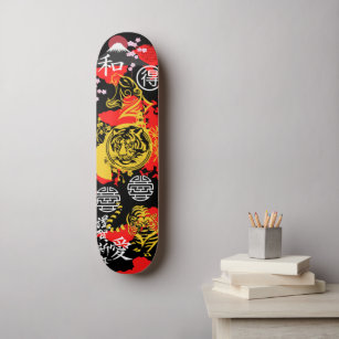 Japanese tiger asian mixed media culture red black skateboard