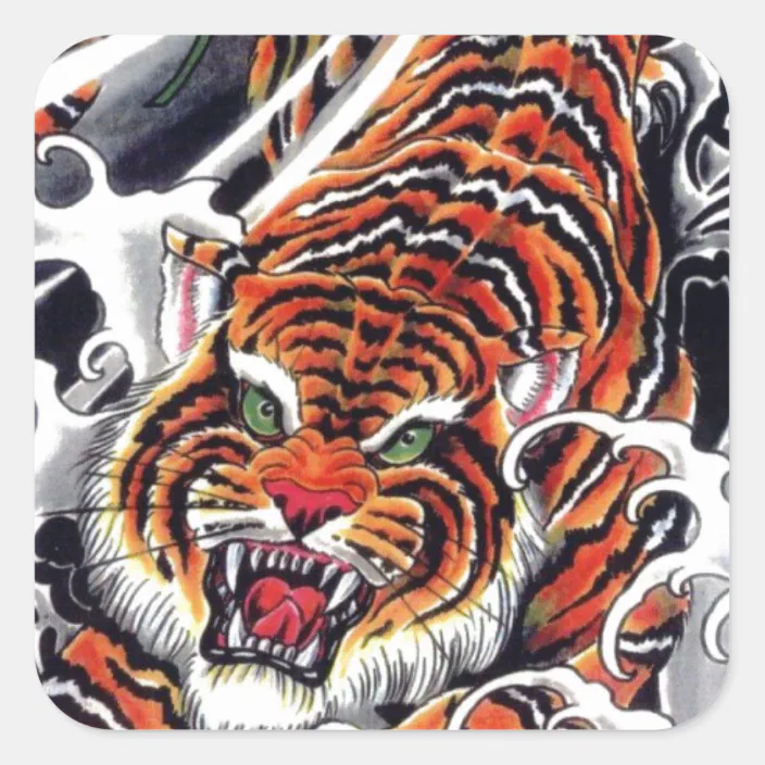 Japanese Tiger & Maple Design Square Sticker | Zazzle.com