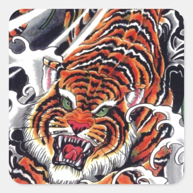 Japanese Tiger & Maple Design Square Sticker (Front)
