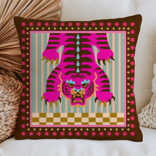 Japanese Tiger on Stripes& Checkered Pattern Funky Throw Pillow