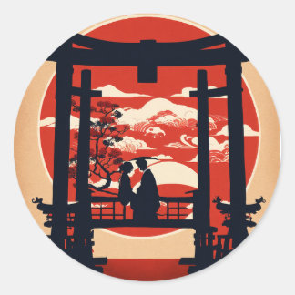 Japanese Torii Gate & Red Sunset Silhouette — Roma Classic Round Sticker