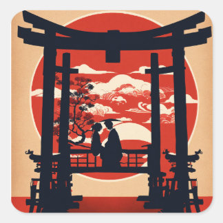 Japanese Torii Gate & Red Sunset Silhouette — Roma Square Sticker