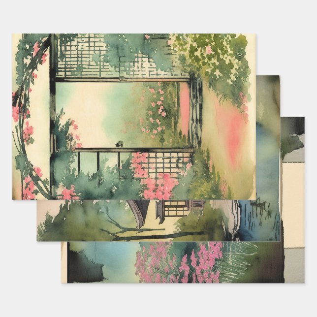 Japanese traditional Landscape Paint ephemera No10 Wrapping Paper Sheets (Set)