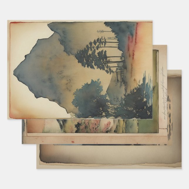 Japanese traditional Landscape Paint ephemera No11 Wrapping Paper Sheets (Set)