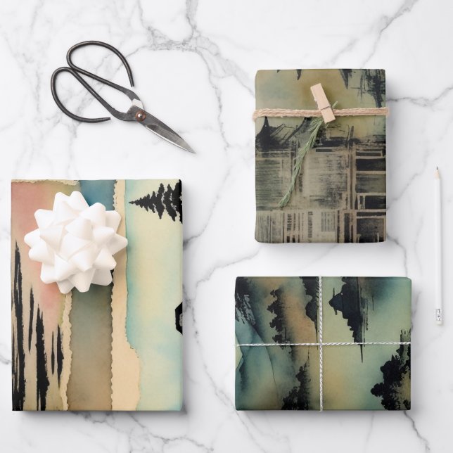 Japanese traditional Landscape Paint ephemera No1 Wrapping Paper Sheets (Front)