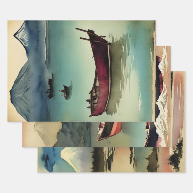 Japanese traditional Landscape Paint ephemera No4 Wrapping Paper Sheets (Set)