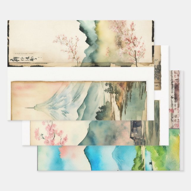 Japanese traditional Landscape Paint ephemera No6 Wrapping Paper Sheets (Set)
