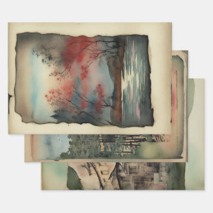 Japanese traditional Landscape Paint ephemera No8 Wrapping Paper Sheets