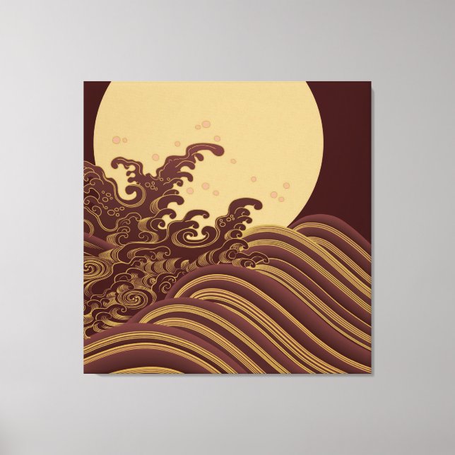 Japanese Traditional Wave and Moon Pattern Canvas Print (Front)