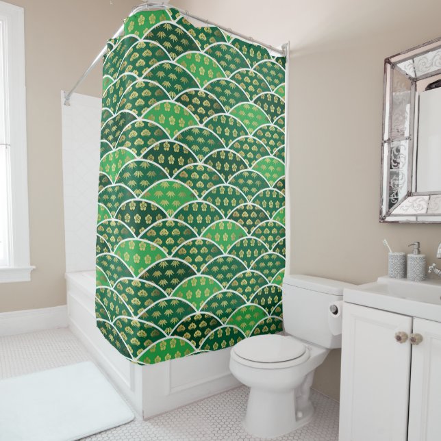Japanese traditionally auspicious pattern green shower curtain (In Situ)