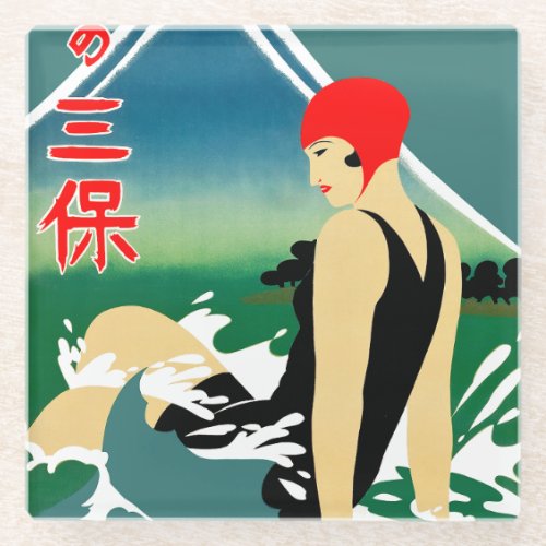 Japanese Travel Tourism Poster 1930s Art Deco Girl Glass Coaster