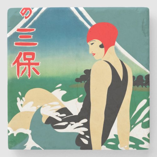 Japanese Travel Tourism Poster 1930s Art Deco Girl Stone Coaster