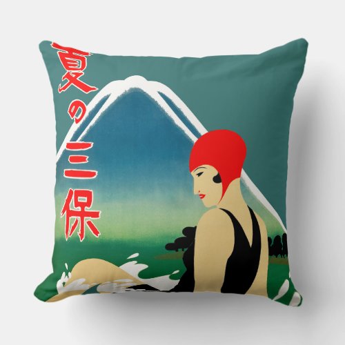 Japanese Travel Tourism Poster 1930s Art Deco Girl Throw Pillow