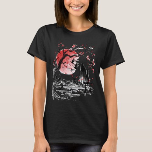 Japanese Tree Red Moon With Birds Flying In Backgr T_Shirt