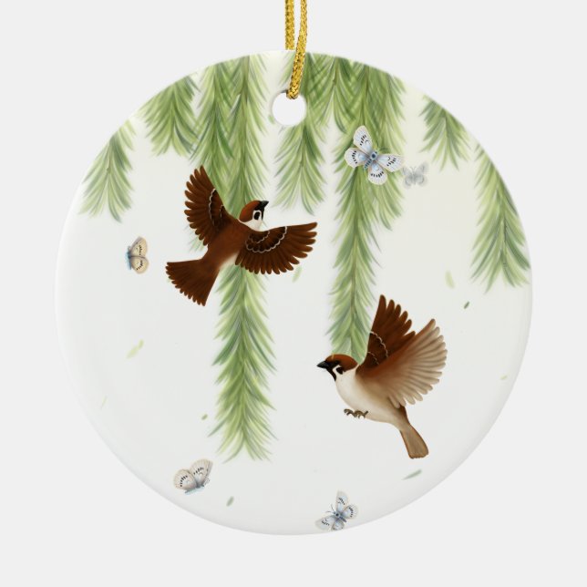 Japanese Tree Sparrows Under a Weeping Willow Cera Ceramic Ornament (Front)