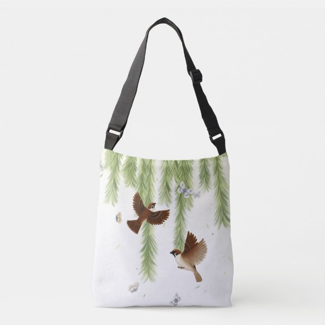 Japanese Tree Sparrows Under a Weeping Willow Crossbody Bag (Front)