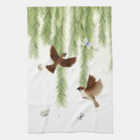 Japanese Tree Sparrows Under a Weeping Willow