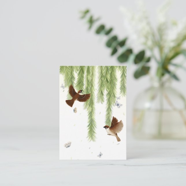 Japanese Tree Sparrows Under a Weeping Willow Note Card (Standing Front)