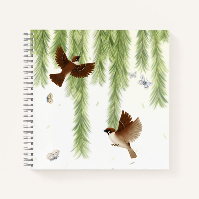 Japanese Tree Sparrows Under a Weeping Willow Notebook (Front)