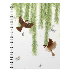 Japanese Tree Sparrows Under a Weeping Willow Notebook
