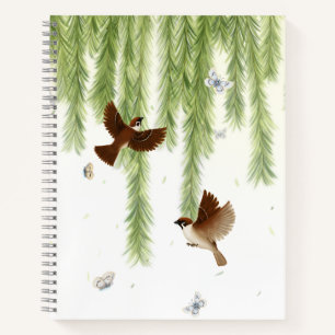 Japanese Tree Sparrows Under a Weeping Willow Notebook