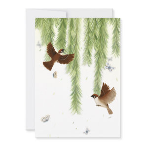 Japanese Tree Sparrows Under a Weeping Willow Thank You Card