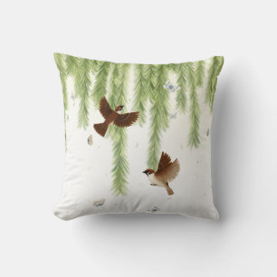 Japanese Tree Sparrows Under a Weeping Willow Throw Pillow