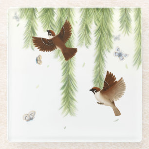 Japanese Tree Sparrows Under a Weeping Willow Tree Glass Coaster