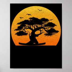 Japanese Trees Zen Buddhist Orange Sunset Bonsai Poster