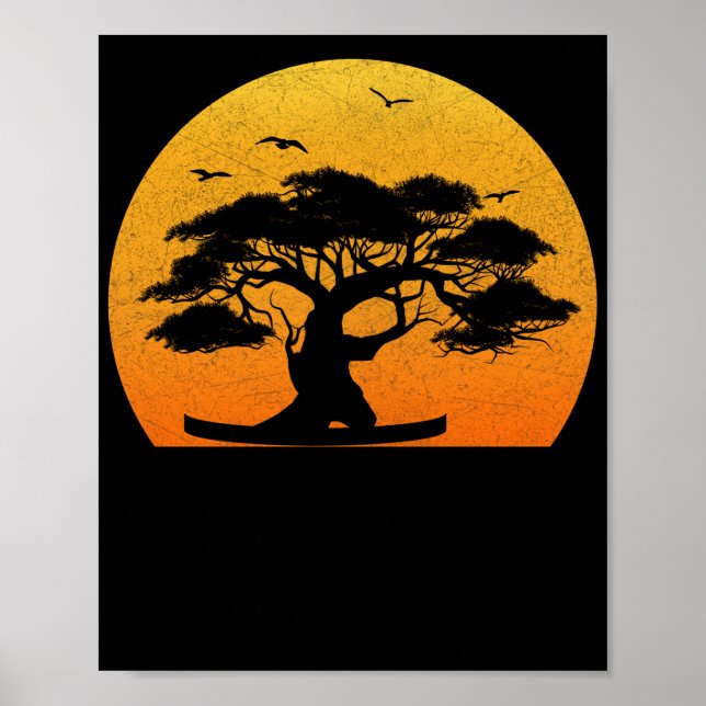 Japanese Trees Zen Buddhist Orange Sunset Bonsai Poster (Front)