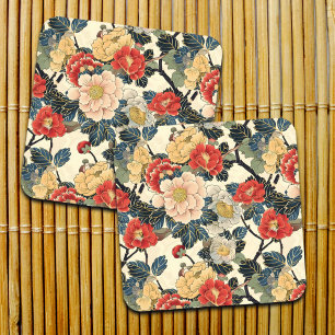Japanese Ukiyo-E Art Floral Pattern Beverage Coaster