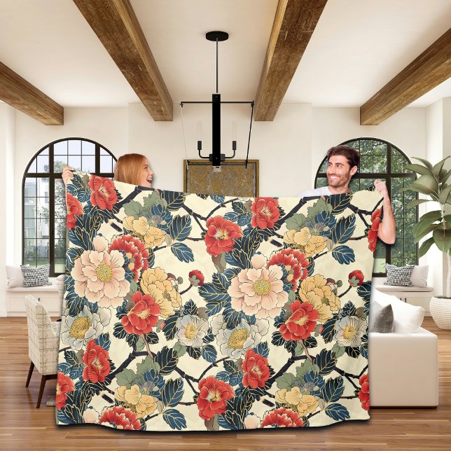 Japanese Ukiyo-E Art Floral Pattern Fleece Blanket (Creator Uploaded)