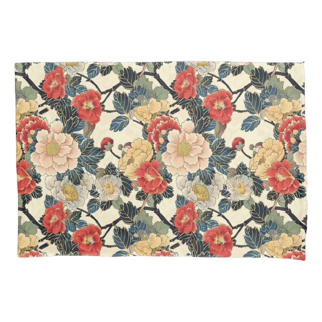 Japanese Ukiyo-E Art Floral Pattern Pillow Case (Front)