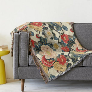 Japanese Ukiyo-E Art Floral Pattern Throw Blanket