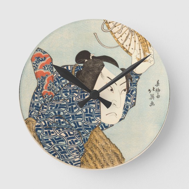 Japanese Ukiyo-e Rain Scene Wall Clock – Samurai w (Front)