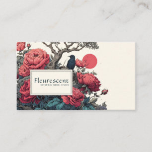 Japanese Ukiyo-e Style Red Peony Black Bird Business Card