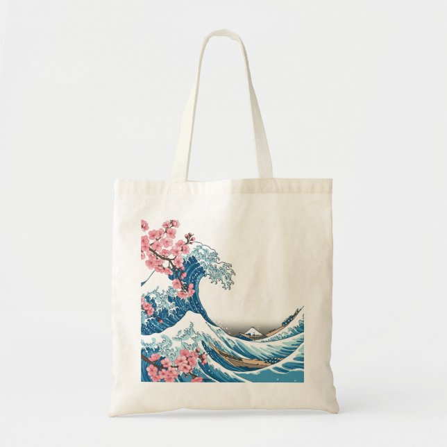 Japanese Ukiyo-e Wave and Cherry Blossom Tote Bag (Front)