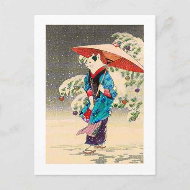 Japanese ukiyoe cat christmas holiday postcard (Front)