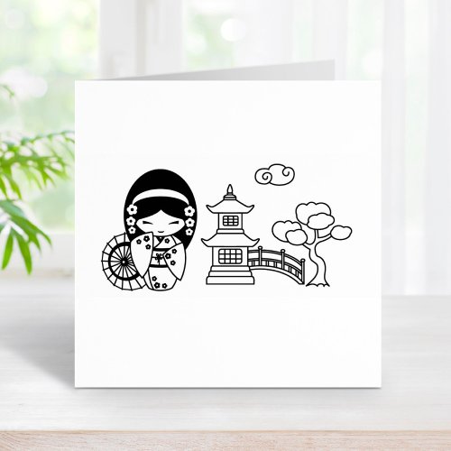 Japanese Umbrella Geisha Girl in Kimono Scrapbook Rubber Stamp